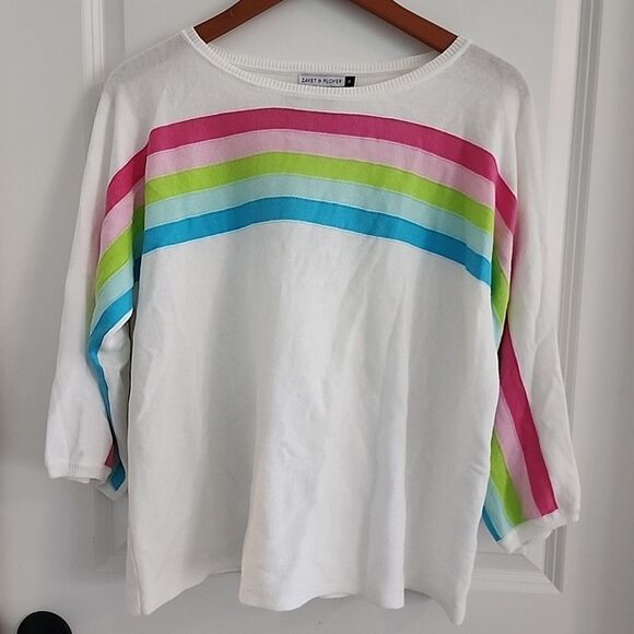 Zaket &Plover White Rainbow Striped Jumper Sweater Size M 3/4 Sleeve Lightweight - Picture 1 of 6